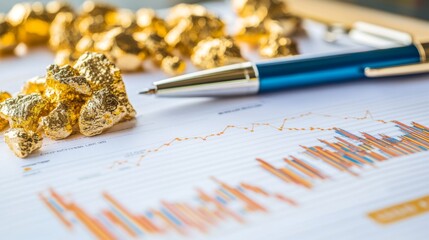 A close-up of a printed report featuring a gold price chart with data points and trend lines, placed on a desk with a pen and notebook for detailed review.
