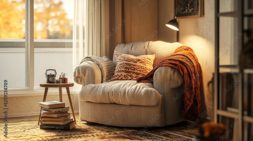 Poster a cozy living room corner with a reading nook, featuring a comfortable armchair, a side table with a
