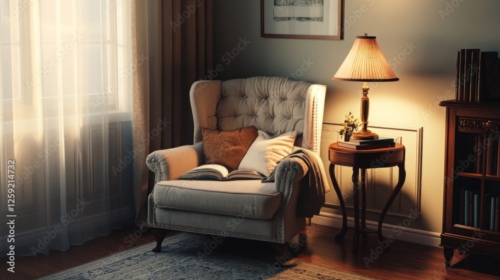 Poster a cozy living room corner with a reading nook, featuring a comfortable armchair, a side table with a