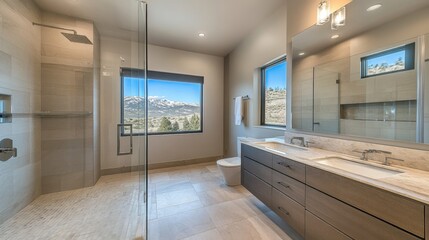 A contemporary bathroom with a minimalist design, featuring a floating vanity, clean lines, and a frameless glass shower, highlighting an uncluttered and modern space.