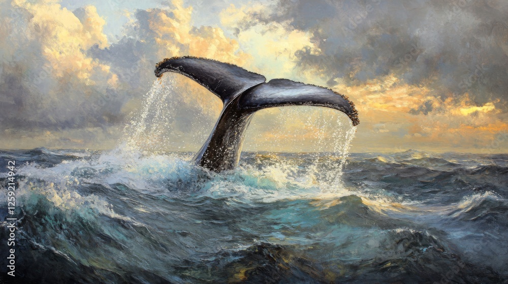 Aufkleber A dramatic image of a whale tail slapping the waters surface, creating large splashes and ripples in the ocean, with a lively marine backdrop.