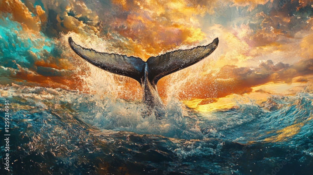 Aufkleber A dramatic image of a whale tail slapping the waters surface, creating large splashes and ripples in the ocean, with a lively marine backdrop.