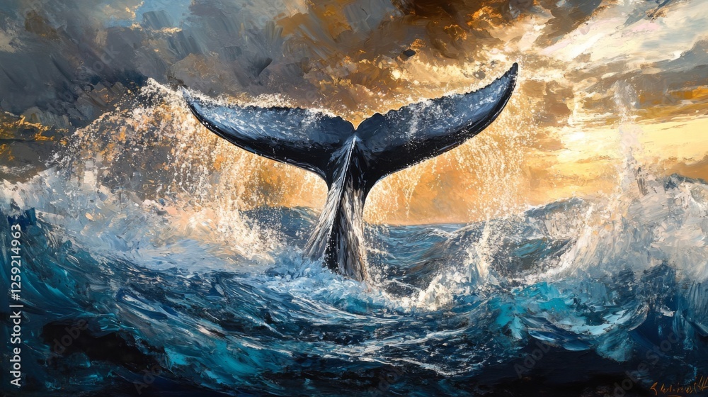 Poster A dramatic image of a whale tail slapping the waters surface, creating large splashes and ripples in the ocean, with a lively marine backdrop.