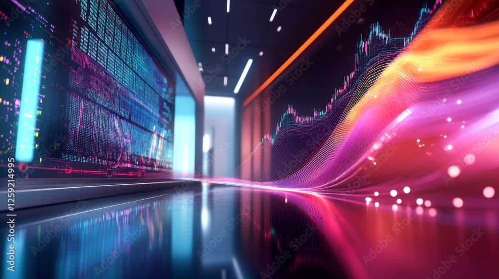 Fototapete A dynamic D graph showing fluctuating stock prices, with vibrant colors and a futuristic interface, captured in a high-tech office environment.