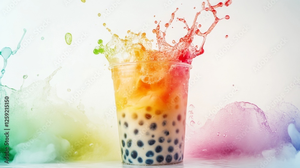Poster a freshly made bubble tea with a swirl of colorful fruit flavors and chewy tapioca pearls, placed on