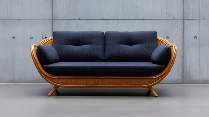 Elegant Mid-Century Modern Rattan Sofa with Dark Blue Upholstery