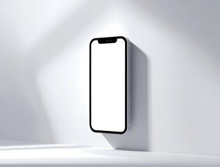 Modern smartphone with a blank white screen standing upright, representing advanced technology, sleek design, and versatile functionality for communication and productivity

