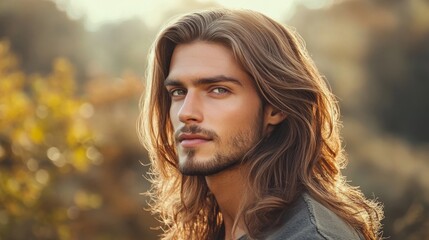 Naklejka premium A man with a long, flowing hairstyle, styled with soft waves, set against a natural outdoor backdrop to emphasize a relaxed and carefree vibe.