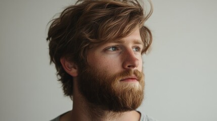 Obraz premium A man with a well-groomed beard and a textured, messy hairstyle, showcasing a relaxed and casual look with natural volume and movement.
