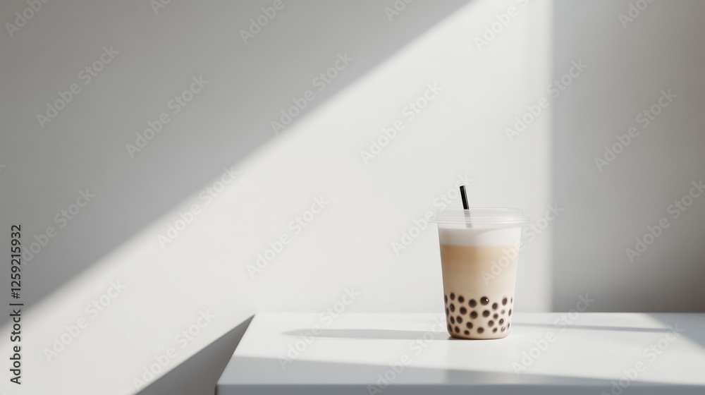 Poster A minimalist setting with a single cup of bubble tea on a white table, emphasizing its simplicity and elegance with a clean, uncluttered background.