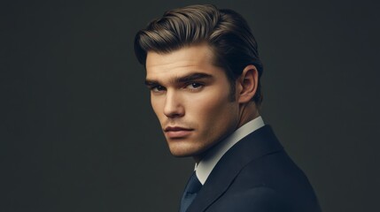 A professional man with a neatly combed back hairstyle, dressed in a business suit, highlighting a sophisticated and polished appearance.