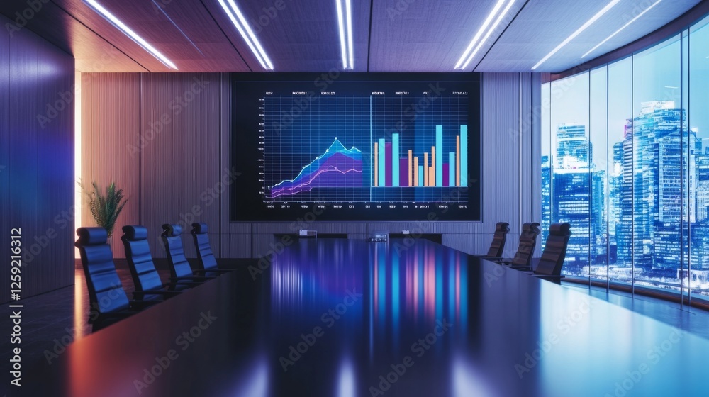 Poster a screen displaying a comparison bar graph with multiple data sets, set in a modern conference room 