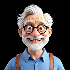 Cartoon Grandpa Character Smiling with Glasses and Suspenders on Black Background