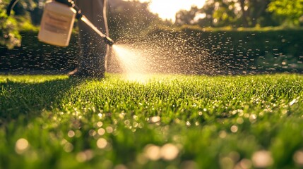 Gardener applying herbicide, fertilizer, pesticide on lawn field