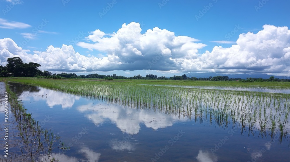 Poster a tranquil view of a rice field with a reflection of clouds and sky in the water-filled paddies, cap