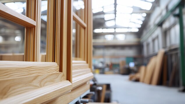 Fototapeta Precision Woodworking: Crafting Exquisite Wooden Window Frames with Meticulous Detail in a Factory Setting