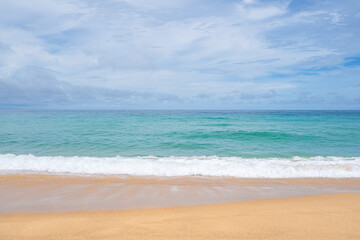 Empty tropical beach and seascape, Beautiful sandy beach and sea in sunny day,Blue sky in good weather day, Beach sea space area nature background