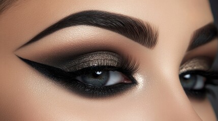 Fototapeta premium A woman with a dramatic smoky eye look and well-defined brows, applying finishing touches to her makeup with a focus on the intricate details.