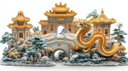 Obraz premium Golden Dragon Porcelain Pagoda Scene