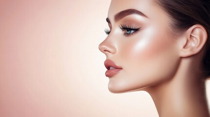 Obraz premium A woman with a flawless foundation and contoured cheeks, looking at her reflection with a satisfied expression in a chic, minimalist makeup studio.