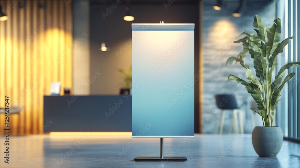 Poster blank roll up banner standing in modern office with reception desk and plants