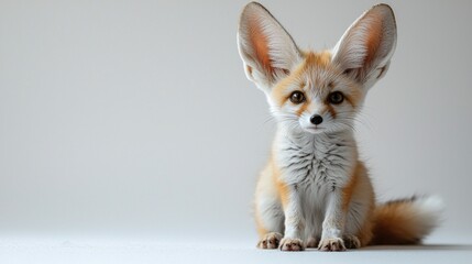 tiny fennec fox cub sits quietly its large ears twitching as it listens intently. soft golden sand colored fur and tiny black nose highlight its curious nature.