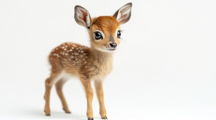 tiny dik dik fawn stands gracefully on white background its large dark eyes filled curiosity. delicate legs and fluffy tail it embodies fragility and innocence.