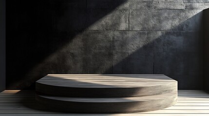 Dark Minimalist Wooden Platform Against a Textured Wall