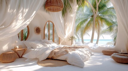 Cozy beachside bedroom with natural light, tropical vibes, and serene ocean views from large windows