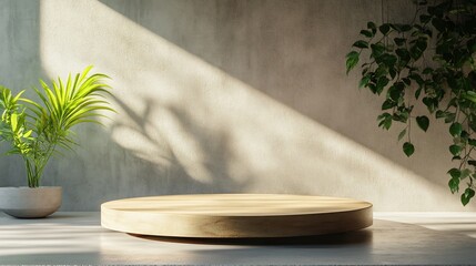 Minimalist Wooden Display Platform with Greenery and Sunlight