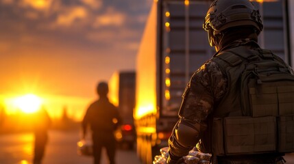 Fototapeta premium Soldiers unloading supplies at sunset in a military operation. Generative AI