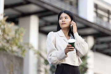 Future remote work combines technology smart phone connection online white digital business woman...