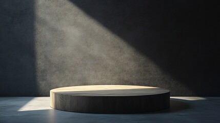 Minimalist Wooden Platform in a Dark Room with Dramatic Lighting