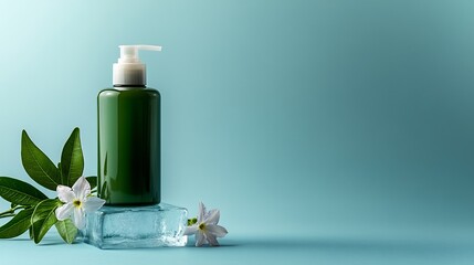 Refreshing Green Bottle of Lotion on Ice with Flowers