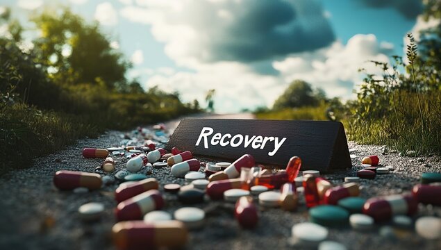 Road to Recovery: Overcoming Addiction, Pills Scattered, Healing Journey Begins, Hope for the Future, Path to Wellness,  Finding Strength