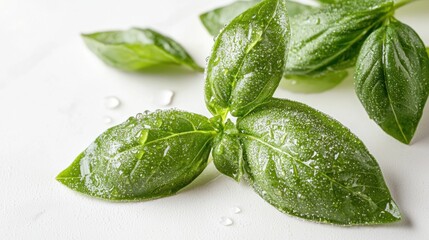 Obraz premium Fresh Basil Leaves with Water Droplets on White Surface
