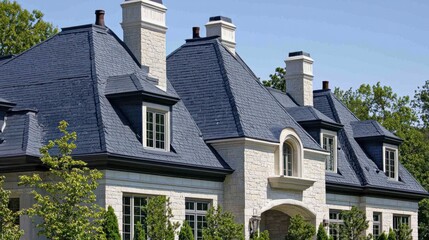 Obraz premium Elegant Luxury Home with Slate Roof and Trees in Bright Sunshine