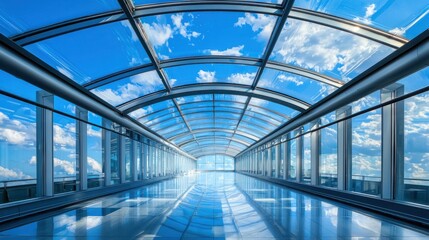 Modern Glass Corridor with Blue Sky and Clouds in Daylight