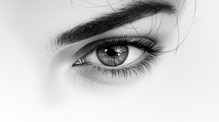 Close-up grayscale eye, intense gaze, studio, beauty, advertising