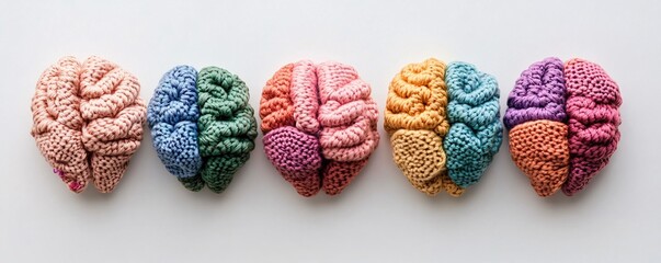 Five colorful knitted brains representing mental health awareness