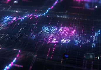 Futuristic financial data visualization on a digital interface with rising stock charts
