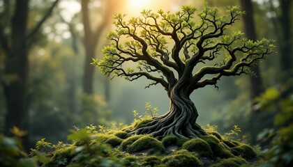 Fototapeta premium Unique Tree with Twisted Trunk and Green Leaves in Forest Sunlight