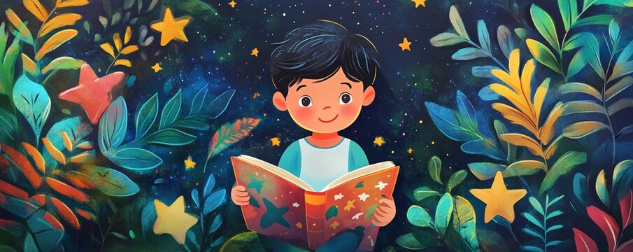 Little boy reading fairytale book surrounded by magical floral design