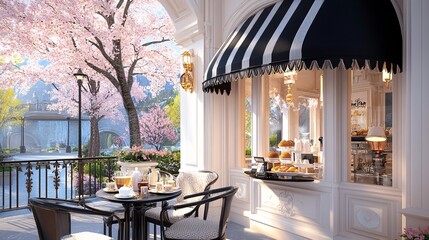 Charming outdoor cafe scene with cherry blossoms, fresh pastries, and elegant setting for a spring day