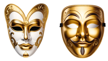 Two golden masquerade masks on a white background. Elegant party accessories. Perfect for event invitations, festive graphics, and elegant designs.