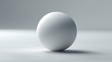 A minimalistic white sphere placed on a smooth reflective surface with soft lighting, symbolizing simplicity, balance, and geometric beauty in a serene environment.

