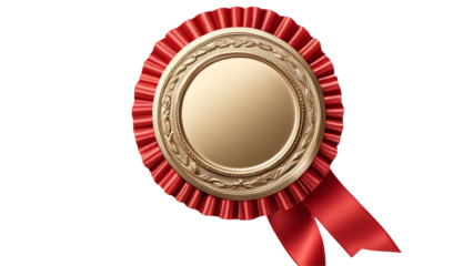 Gold medal with a red ribbon suitable for championship events, sporting competitions, awards, victory celebrations, and recognition acknowledgments. Great for designs.