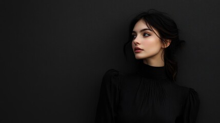 Fototapeta premium Beautiful young woman with long dark hair in elegant black dress poses against a minimalist black background