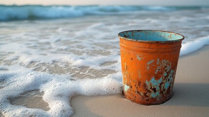 Rusty bucket, ocean waves, beach, sunrise, sand, seaside, vacation, memory