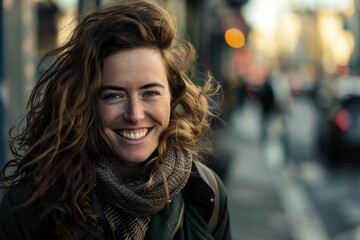 Obraz premium A woman smiling brightly outdoors, radiating confidence and joy